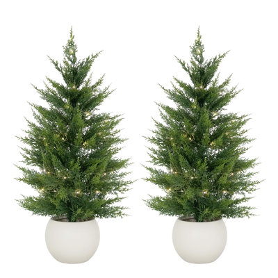 Ensemble de 2 pins artificiels, de 4 pieds de faux arbres à feuillage persistant avec un feuillage PE réaliste et des pots ronds blancs, plantes décoratives d'intérieur pour la décoration de bureau personnel