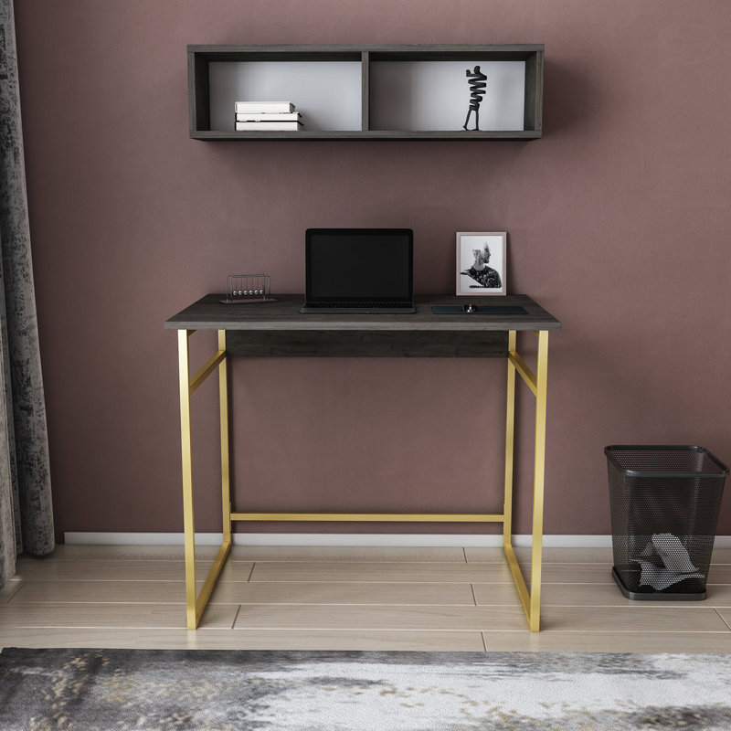 Hussum Metal Base Writing Desk, Dark Gray Oak/Gold