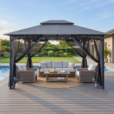Pavillon de jardin permanent en métal L 12 pi. D Gazebos d'extérieur à structure en métal avec double toit, tente d'abri d'extérieur pour abri de jardin, auvent de patio escamotable avec moustiquaire pour la pelouse, la cour, la terrasse et le jardin