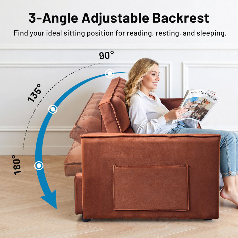 Hunsicker 3 in 1 Convertible Sleeper Sofa Bed, Velvet Futon Couches, Chaise Lounge for Living Room with Side Pocket