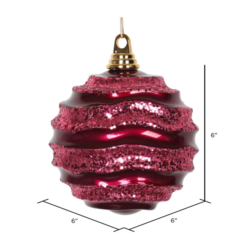Ornement de Noël boule rayée et scintillante, H 6 po x l 6 po x P 6 po, Fuchsia