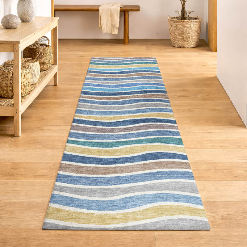 Premium Machine Washable Mayfield AMF2333 Stripes Rug, Blue, 2'3" x 7'6" Runner