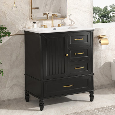 30" Bathroom Vanity With Sink, Bathroom Cabinet With A Door, Three Drawers, Solid Wood Legs & MDF Board, Adiustable Foot Pads, Black (Other Color: N725P195409K)