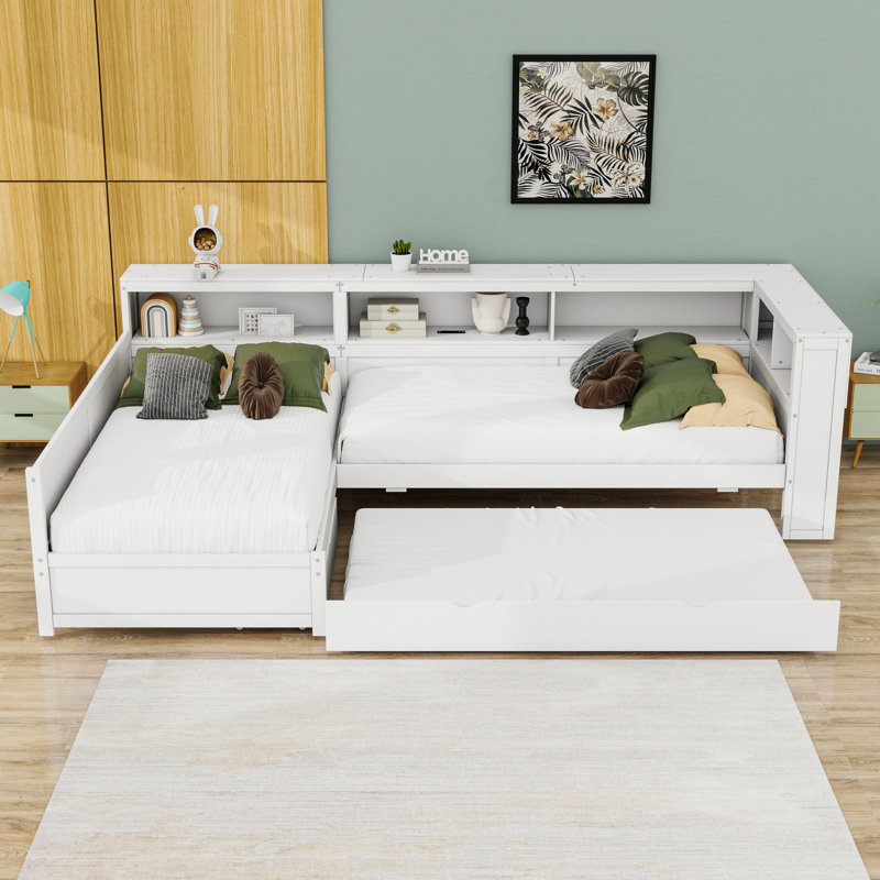 Lit plateforme simple en L avec lit gigogne simple et station de charge, Blanc