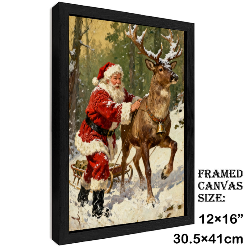 Père Noël rétro noir encadré avec art mural de style rétro, H 17 po x l 13 po
