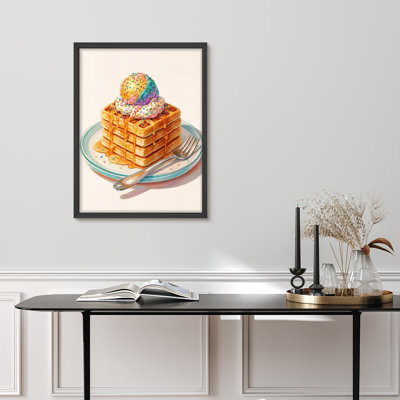 Sweet Dessert Waffles Illustration Framed Wall Art Prints - Waffles with ice cream and syrup, for kitchen or dining room