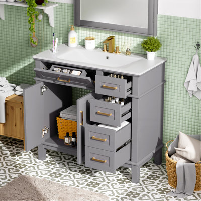 Meuble-lavabo moderne 36 po gris avec lavabo en céramique, portes à fermeture douce, 4 tiroirs de rangement, conception élégante pour les petites salles de bain