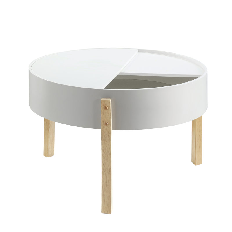Bodfish White & Natural Round Coffee Table with Hidden Storage - Modern Living Room Wooden Coffee Table for Small Spaces