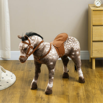 Qaba Ride on Horse, Riding Horse with Neighing Sound, Saddle, Stirrups, Ride on Animal for Kids Boys Girls 3-8 Years Old, Brown（It is designed for single rider only.）