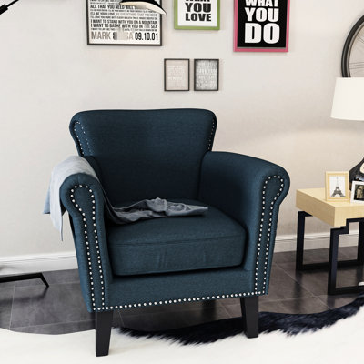 Fauteuil club bleu marine avec housse de jardin en tissu doux et bois de bouleau