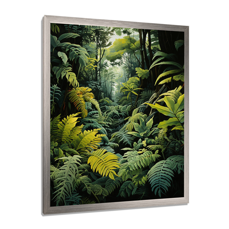 Fougères zariennes, forêt I - art mural fougères, Cadre simple argenté, H 40 po x l 30 po x P 1,5 po