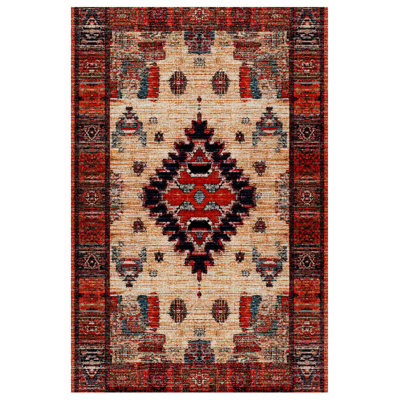 Strawbridge Burgundy Beige Moroccan Machine Printed Cotton Polyester Area Rug