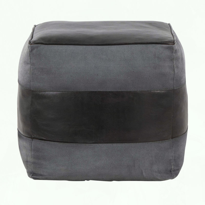 Square Ottoman with Leather and Canvas Stitching
