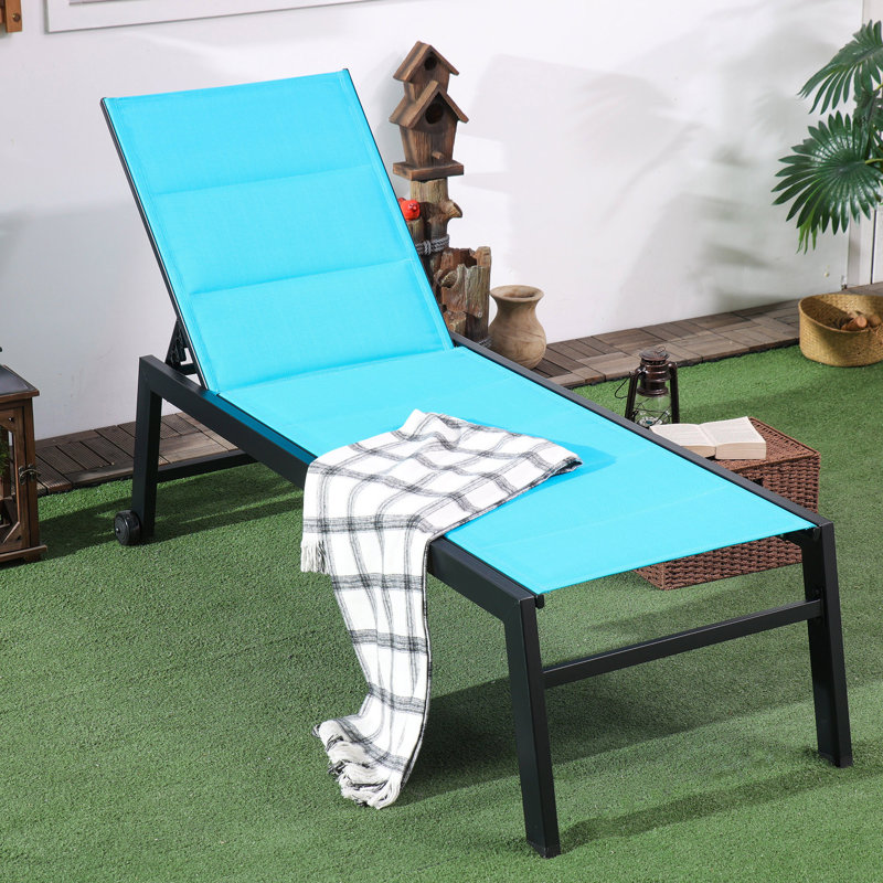 Chaise longue d'extérieur avec roulettes, fauteuil inclinable à cinq positions pour bronzer, Bleu