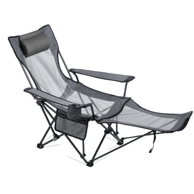 Chaise de camping inclinable, 4 positions réglables, chaise pliante portative pour adultes, chaise de plage en filet avec repose-tête et repose-pieds, supporte 220 lb, chaises de camp robustes pour patio, gris