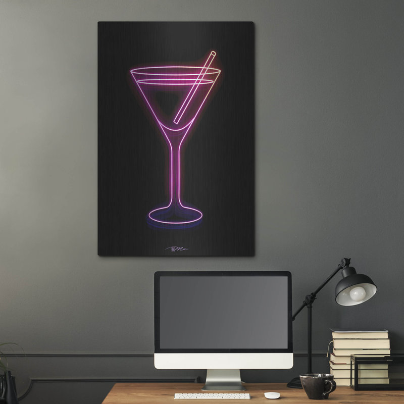 Art mural en métal Ebern Designs «Neon Martini Glass 1» par Momart, H 36 po x l 24 po