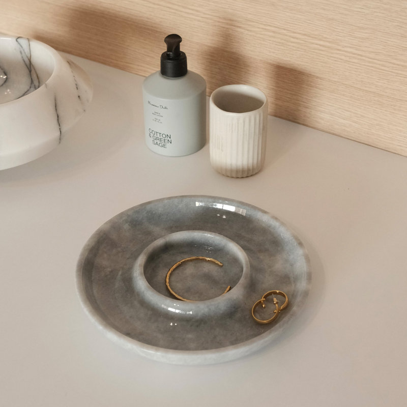 Stylish Bathroom Tray, 8.7 in Diameter x 1.2 in Height | 100% Verona Grey Marble | Elegant Design for Countertop Organization & Décor | Perfect for Storing Toiletries, Jewelry, and More