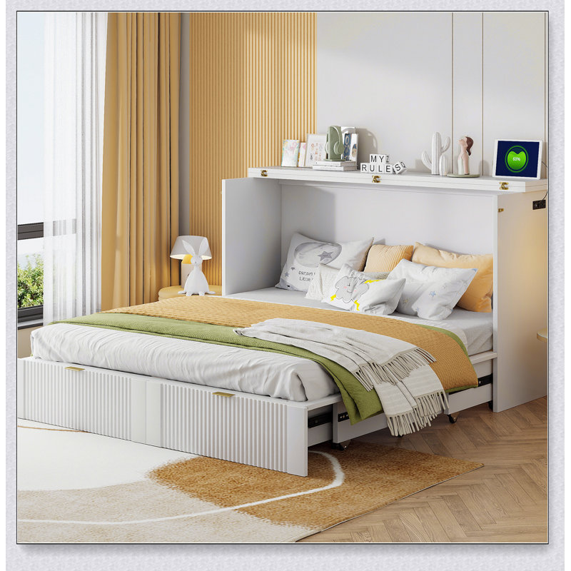 Lit escamotable avec tiroir et ensemble de prises et ports USB, structure de poulie, Blanc, Grand