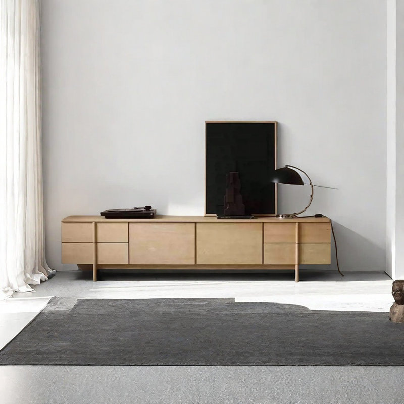 Meuble télé en bois massif avec double tiroir, Naturel / naturel, H 20,47 po x L 110,23 po x l 15,74 po