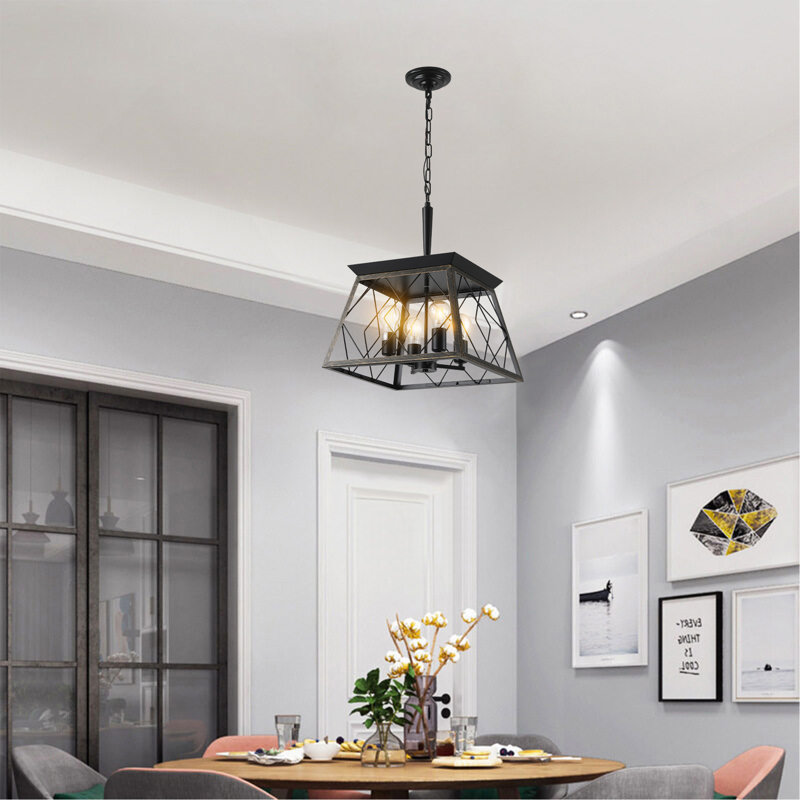 Luminaire de style lustre rétro à 4 lumières de style campagnard pour cuisine, salle à manger, salon, noir doré, Noir