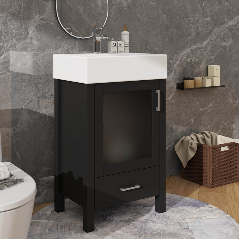 Meuble-lavabo de 20 pouces avec lavabo en céramique et beaucoup de rangement, Noir