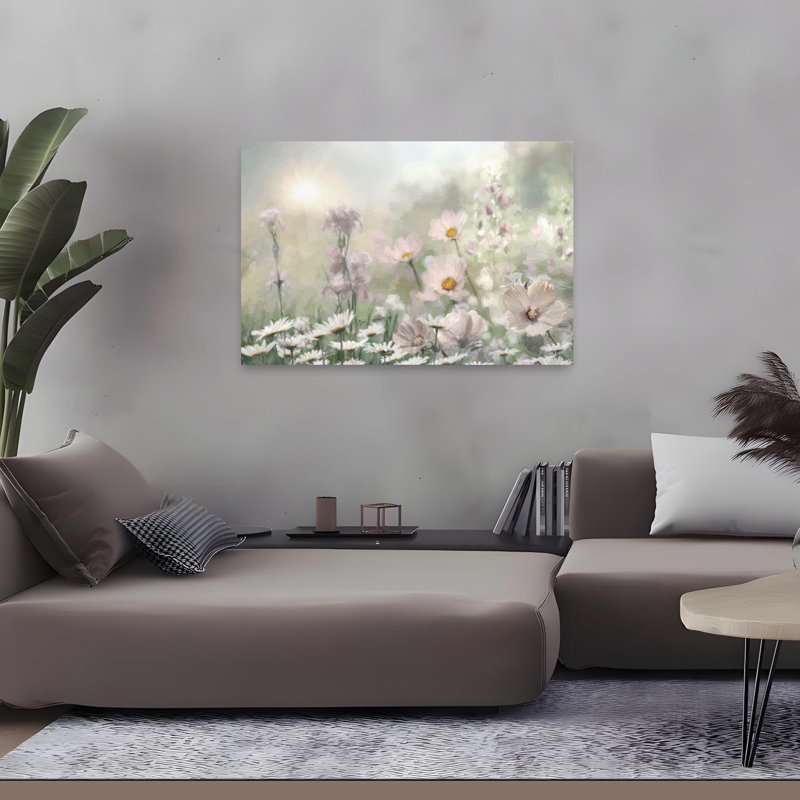 «Blooming Dreams I Abstract Contemporary Daisy Landscape Nature», reproduction d'art murale, 32" H x 48" W