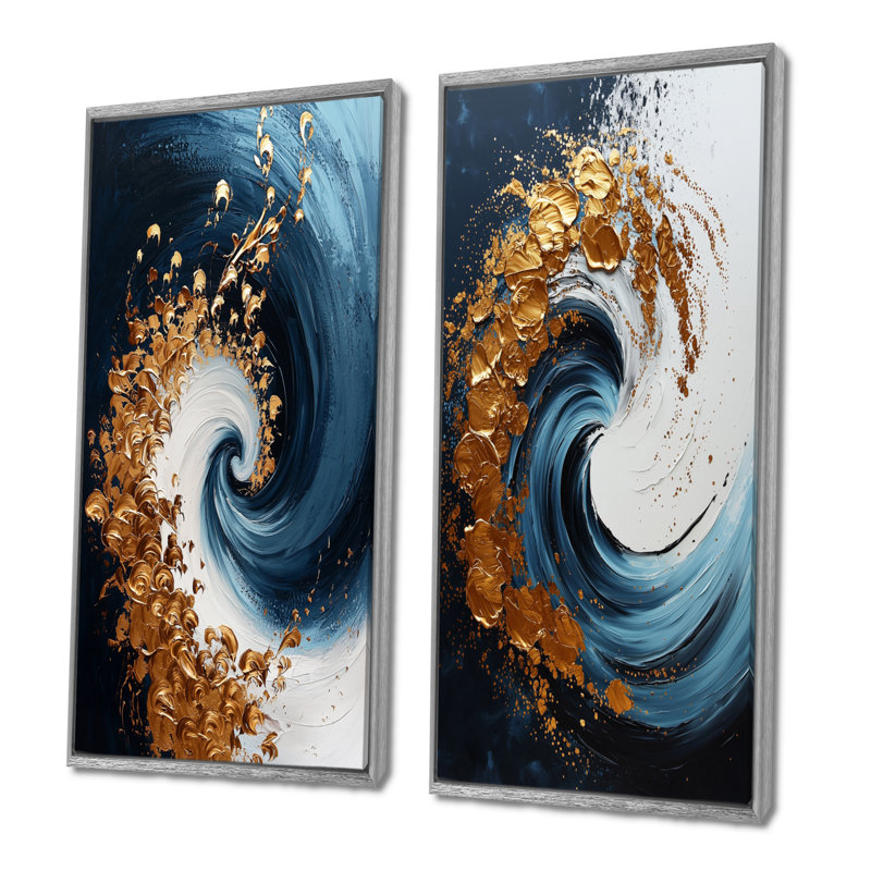 «Blue Spiraling Majesty Vortex I», ensemble de 2 pièces d'art abstrait en spirale, H 40 po x l 40 po, Encadrement argenté