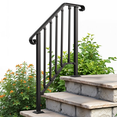 Rambarde en fer forgé pour escalier extérieur, hauteur réglable pour 2 à 3 marches, finition peinture époxy noire mate, idéale pour une entrée de porche.