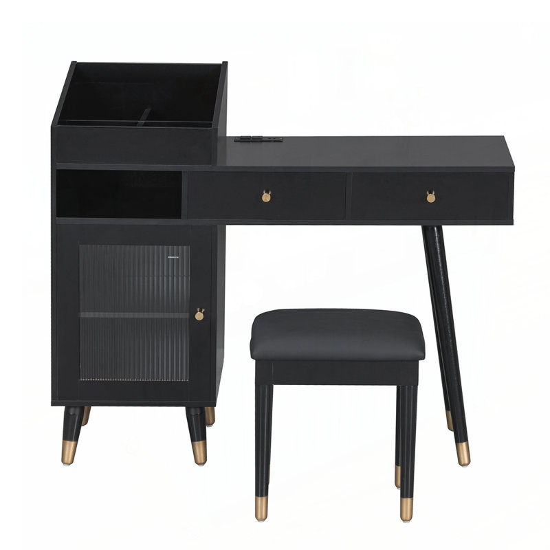 Modern Makeup Vanity Desk with Drawers, Cabinet & Charging Station, Space-Saving Dressing Table Set with Stool for Bedroom or Small Spaces, White