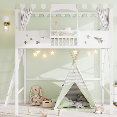 Lit mezzanine en métal, taille standard, avec échelle, étagères de rangement et armature de baldaquin, lit mezzanine haut pour enfants et adolescents, blanc