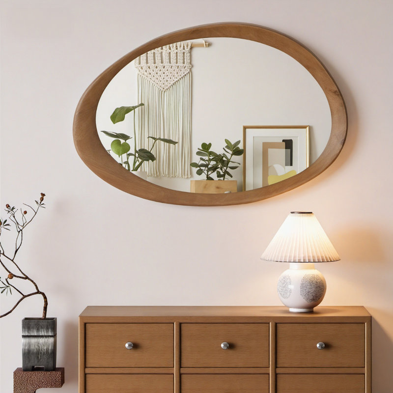Miroir irrégulier en verre trempé, cadre en bois de noyer, miroir mural 90 x 60 cm
