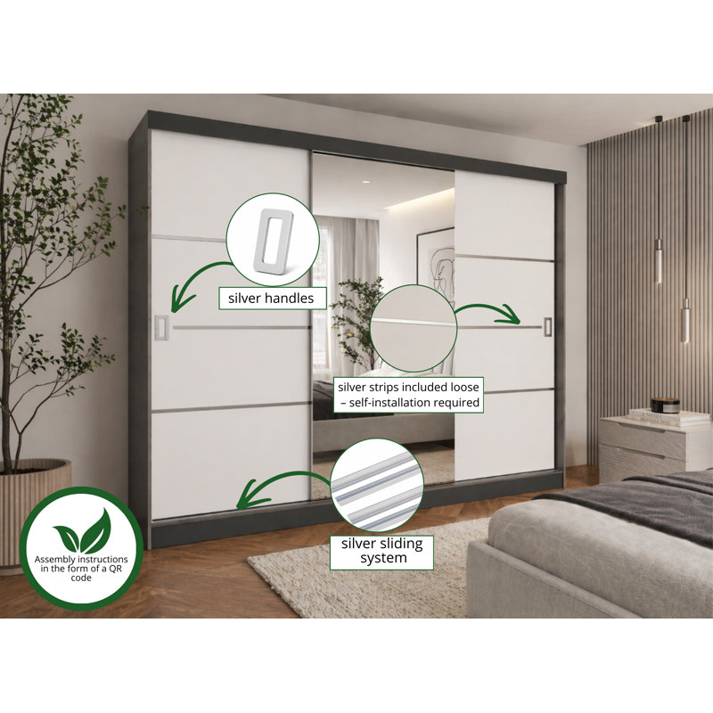 Amalberga 3 Door Solid + Manufactured Wood Wardrobe, Black/White