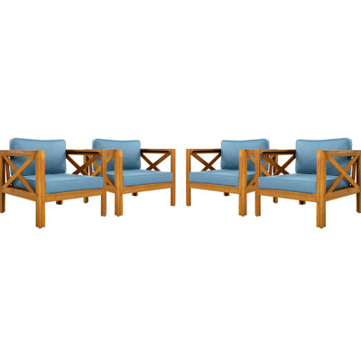 Fauteuil club d'extérieur 4 pièces avec coussins bleus, finition bois, idéal pour les terrasses et les jardins en tissu imperméable