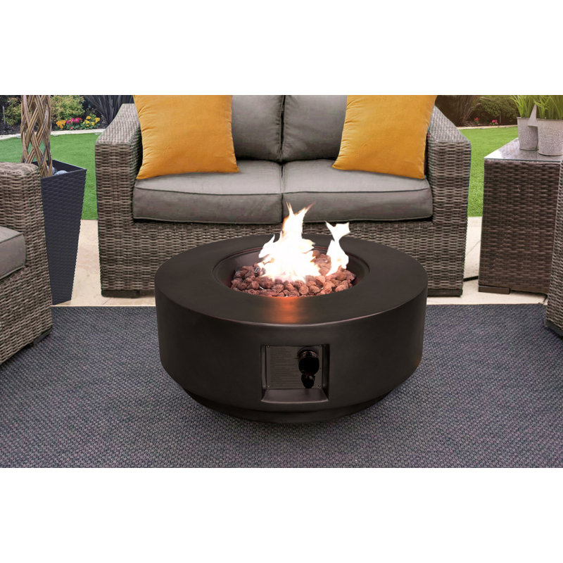Aleidy Round Polyresin Propane Smokeless Fire Pit, Faux Black Stone