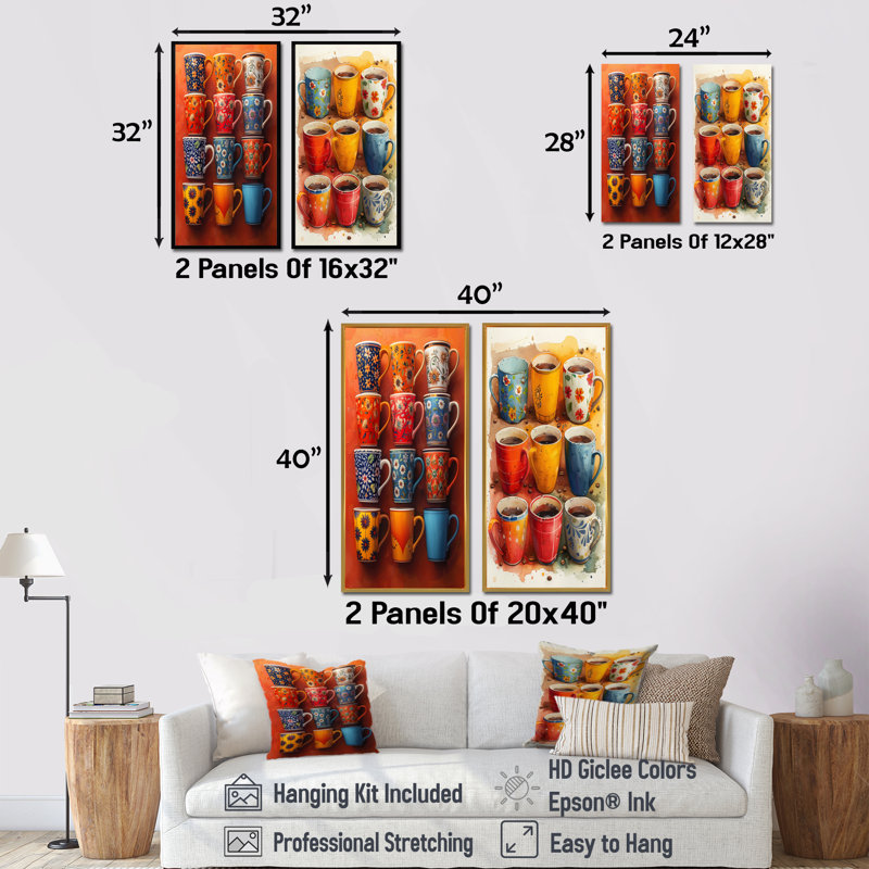 Ensemble de 2 tasses à café rouge et bleu Boho Morning, H 32 po x l 32 po, Cadre flottant noir