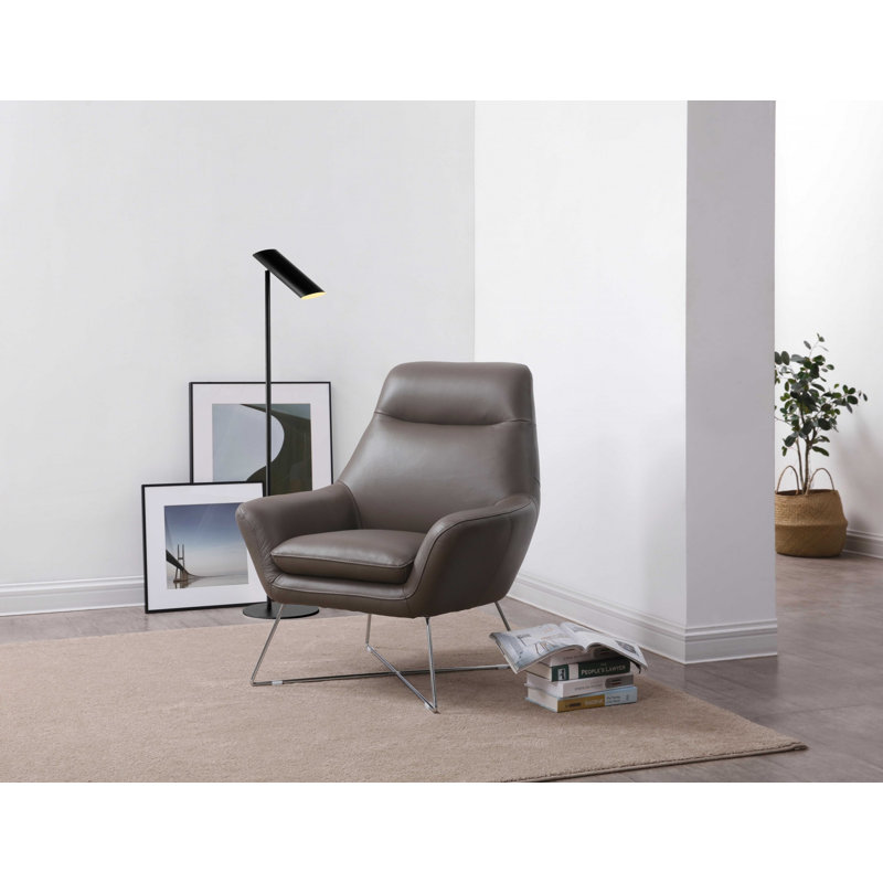  Fauteuil capitonné en cuir italien gris avec structure en acier inoxydable argenté, Gray