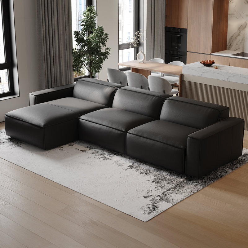 Canapé modulaire en cuir Hamall Nathan, Cuir véritable noir, Orienté à gauche (vu de face)