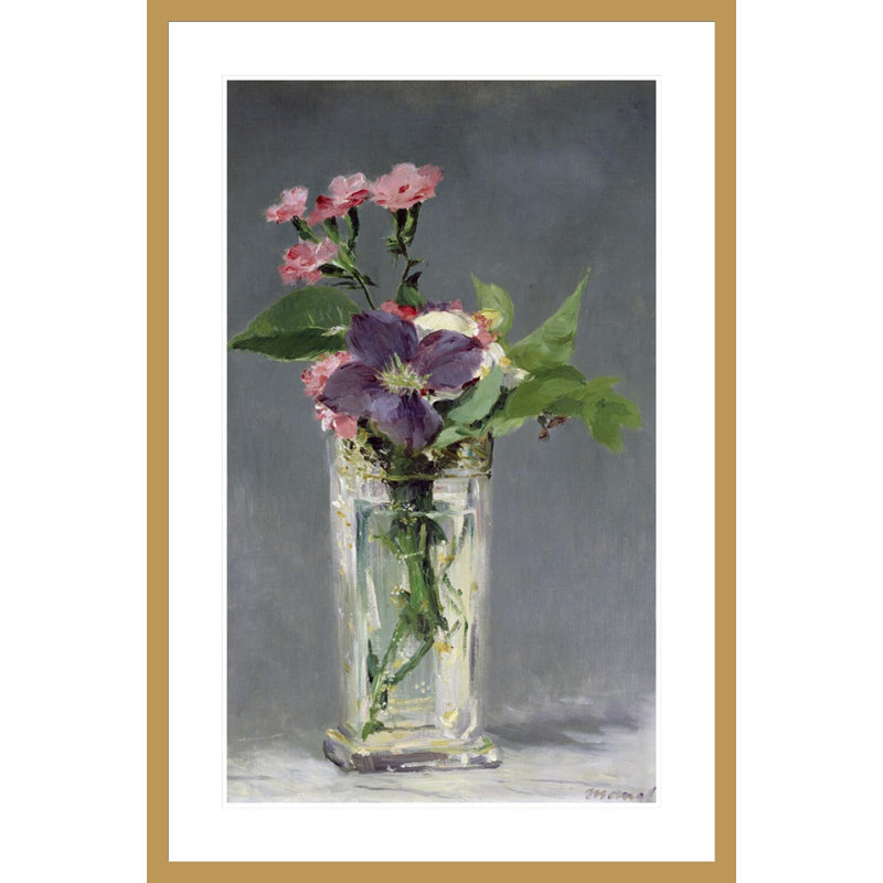 Roses et clématites dans un vase en cristal par Édouard Manet, impression giclée sur cadre, H 41,5 po x l 27,7 po