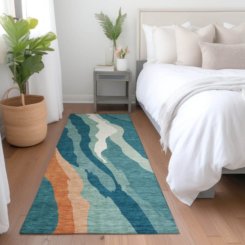Petala Teal Washable Indoor-Outdoor Rug - , 2'3" x 7'6"