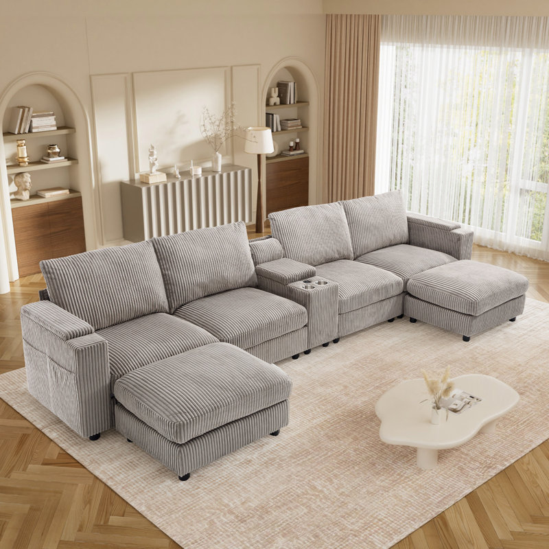  153.5" U Shaped Corduroy Sectional with Console USB Cup Holders Storage 4 Accent Pillows, Gray