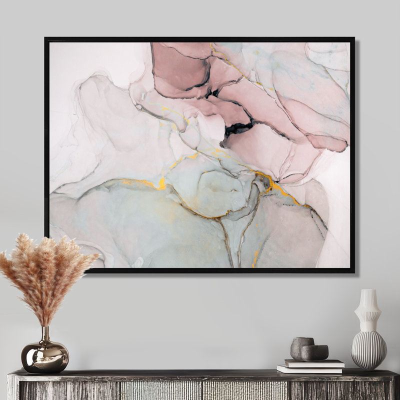 " Pink And Golden Marble Art Ripples II ", Floater Framed Print, 24" H x 32" W, Black