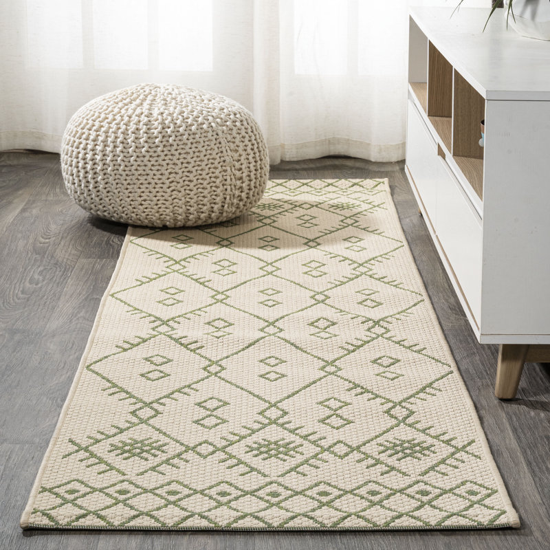 Boho Moroccan Beige/Green Indoor/Outdoor Rug, Runner 2'2" x 8'