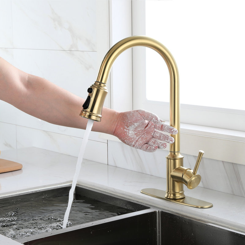 Touch - Responsive Kitchen Faucet With Pull Down , Brushed Gold Stainless Steel, 360 Rotating High Arc Spout, Easy Water Control System, Corrosion Treatment Based Steel Construction, Nozzle, Single