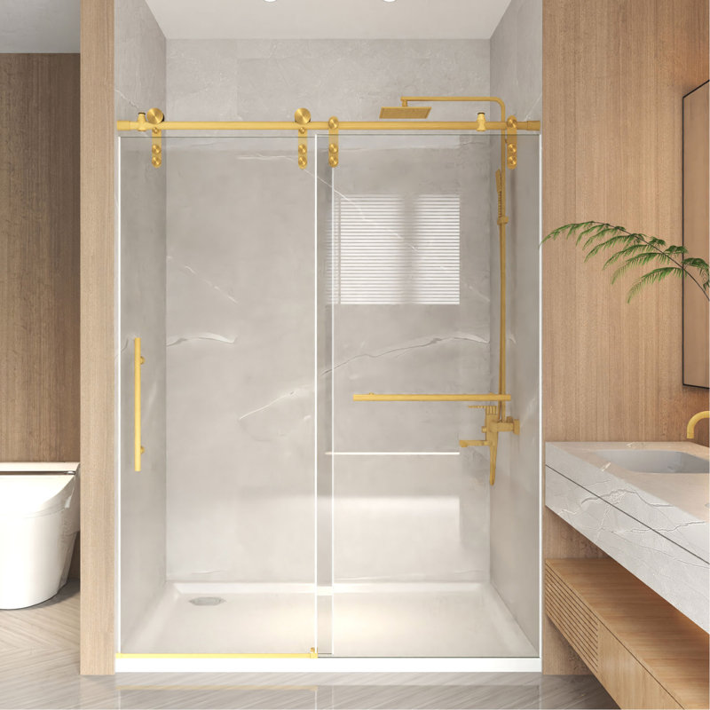Porte de douche coulissante sans cadre de 56 à 60 po x 76 po, verre trempé transparent de 5/16 po (8 mm), cadre en acier inoxydable, or brossé