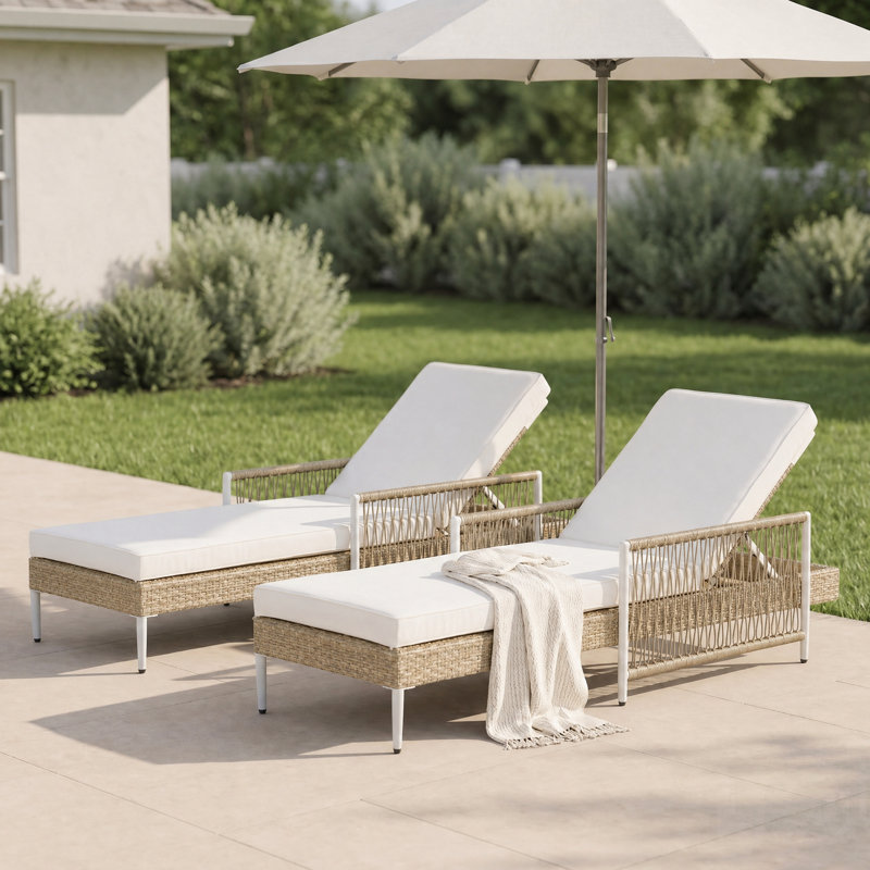 Outdoor All-Weather PE Rattan Chaise Lounge, Minimalist Patio Wicker Chair with Adjustable Recliner and Cushions, Set of 2