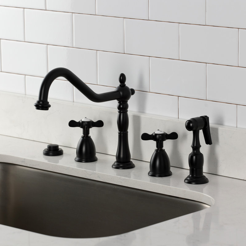 Kingston Brass Essex Double-Handle 4-Hole Widespread Kitchen Faucet With Brass Sprayer, Matte Black