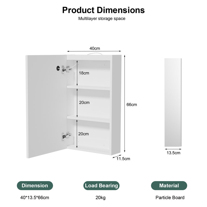 60mm W 76mm H Wall Mounted Required Frameless Medicine Cabinet Mirror 2 Fixed, 66cm H x 40cm W x 13.5cm D