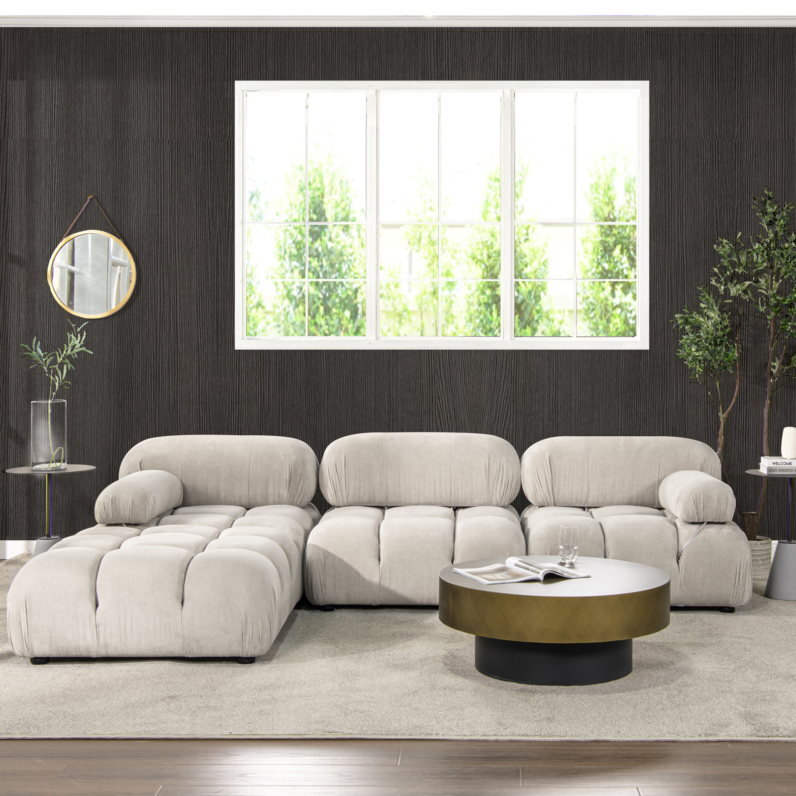 Sigma Modular Upholstered Reversible L-Sectional, Pebble Gray Corduroy