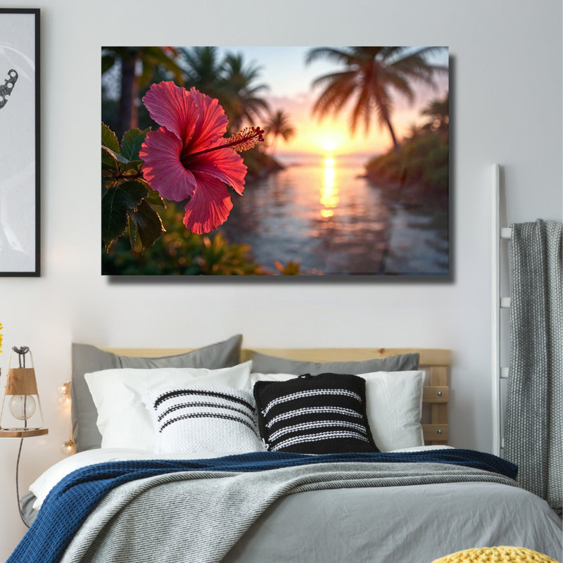 Art mural tropical en verre trempé rouge hibiscus, H 20 po x l 30 po