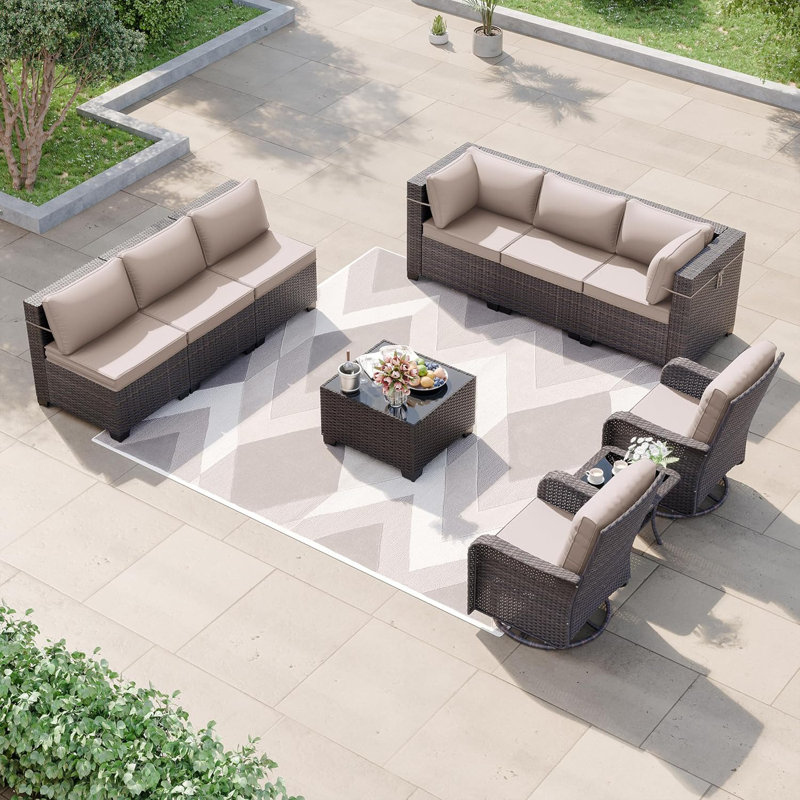 Kullavik 10 Pieces All-Weather Wicker Patio Furniture Set With Swivel Chair,Cushions And Coffee Table, Sand
